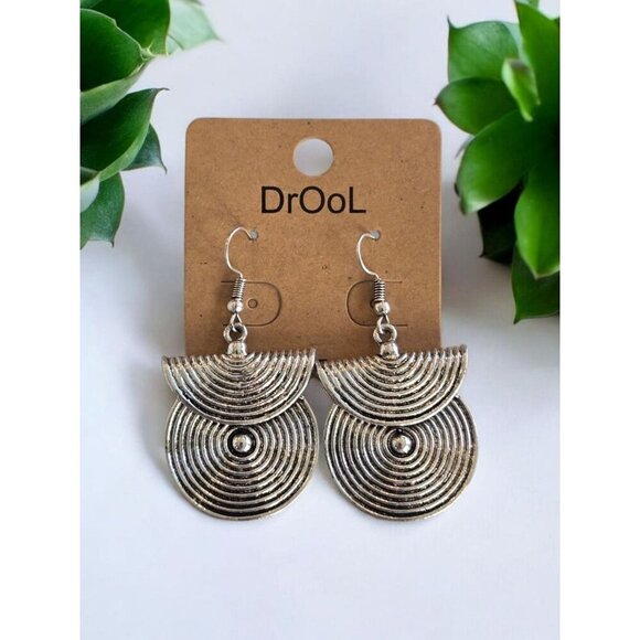New Silver Abstract Pop Art Swirl Round Pierced Dangling Earrings - Picture 1 of 1